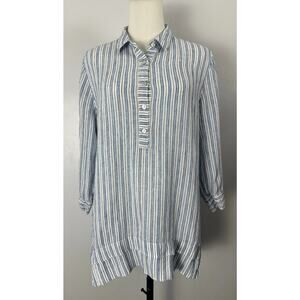 J.Jill Love 100% Linen Tunic Blue/White 34 Sleeve PopOver LagenLook Coastal Sz M